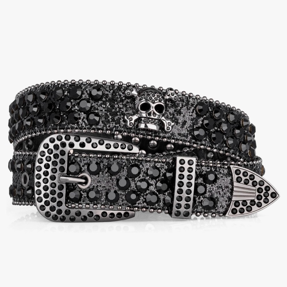 Skull Belt Black Rhinestone Studded Western Style Retro Goth Y2K Men or Women